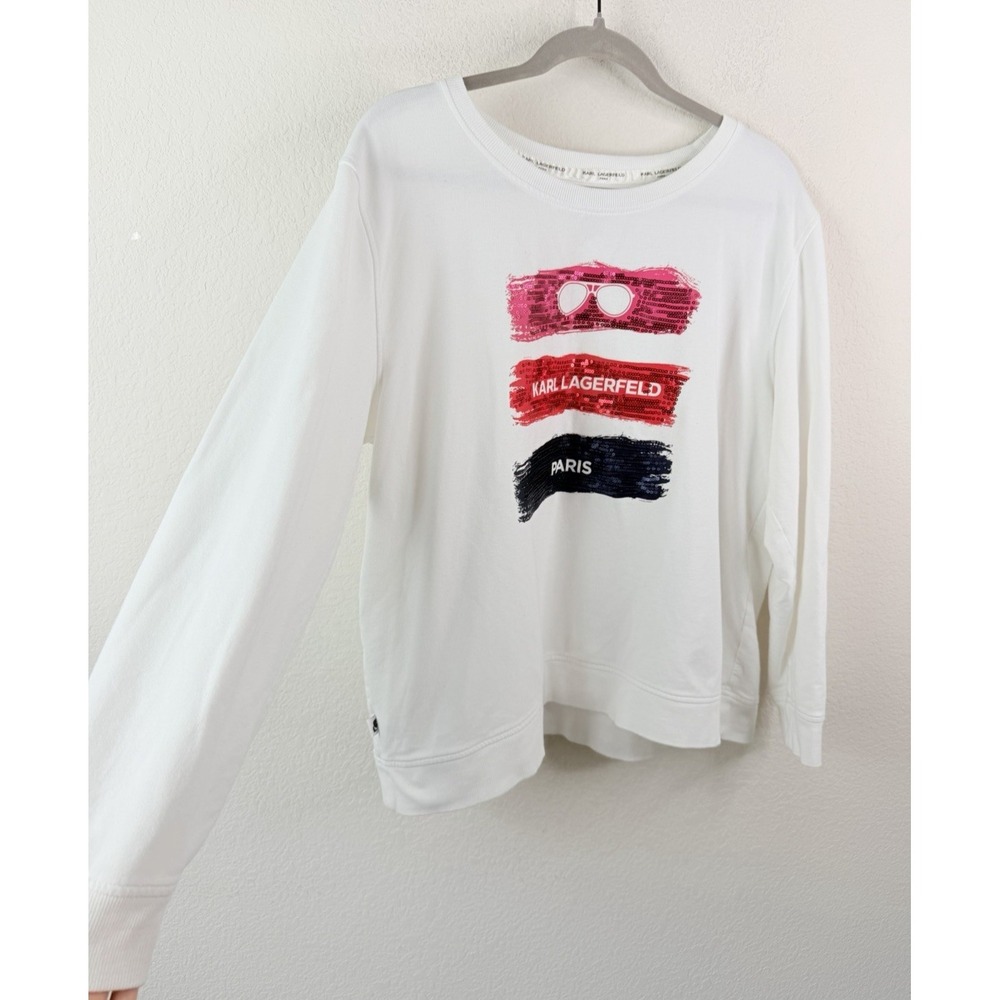 Karl Lagerfeld Paris Sequin Graphic Sweatshirt Women's L White Lounge Athleisure - Picture 2 of 5